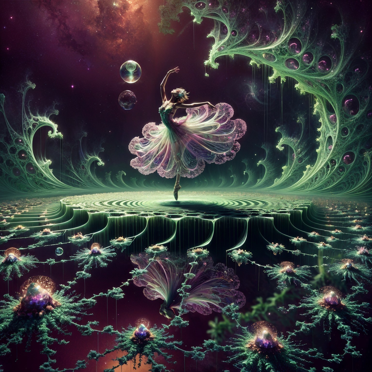 Ballerina in a dreamlike landscape with fractal patterns