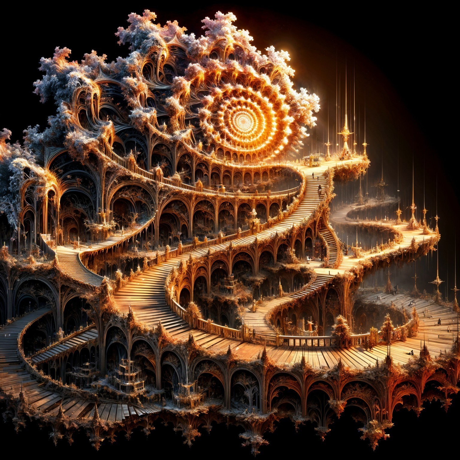 Intricate Spiraling Staircase in a Fantastical Landscape