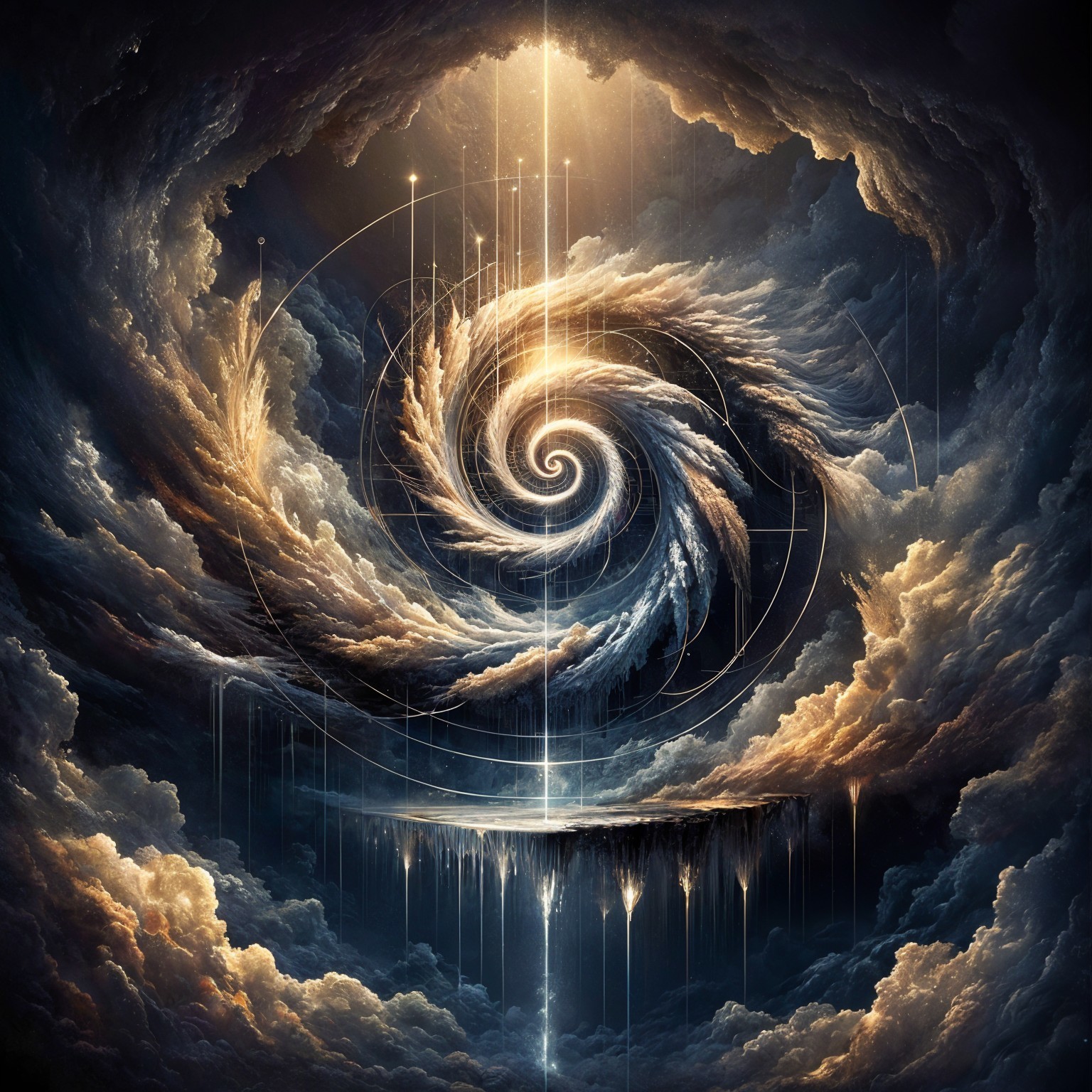 Galactic Spiral of Clouds with Golden Light and Depth