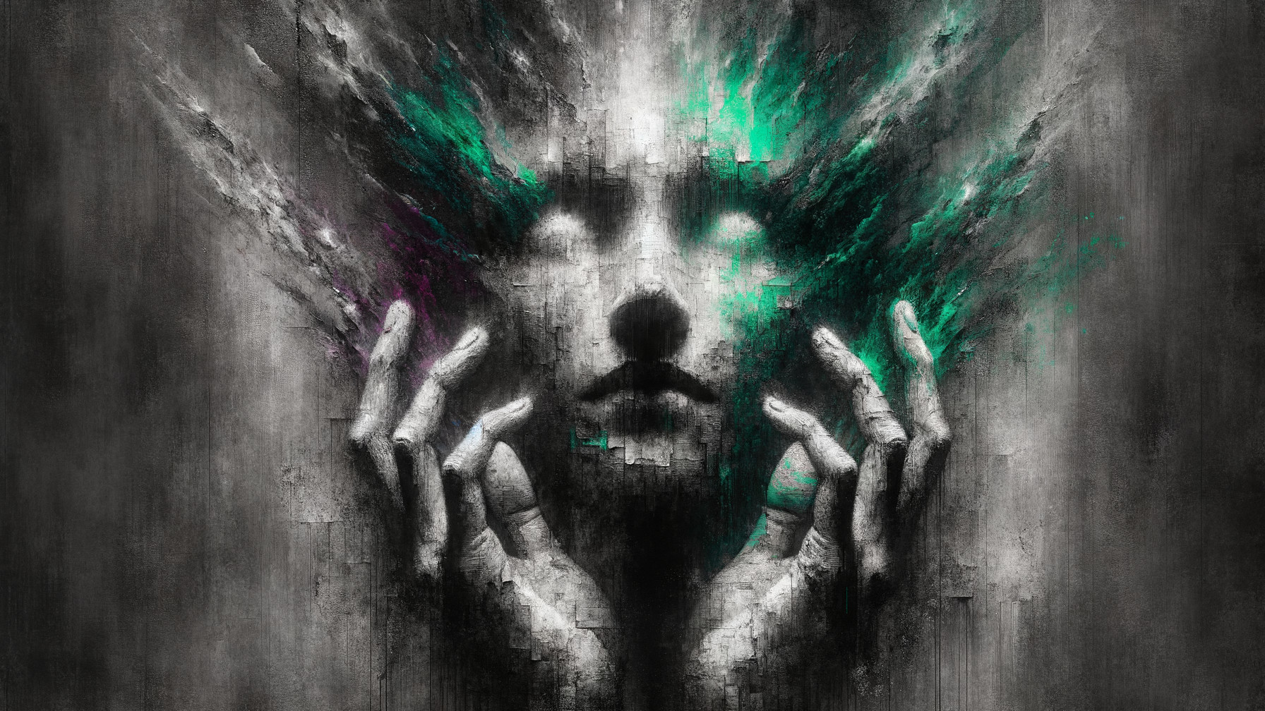 Serene Face with Fragmented Forms and Ethereal Colors