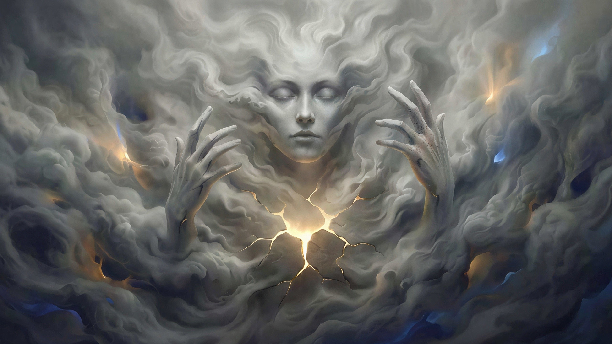 Ethereal Figure Emerging from Swirling Clouds in Art