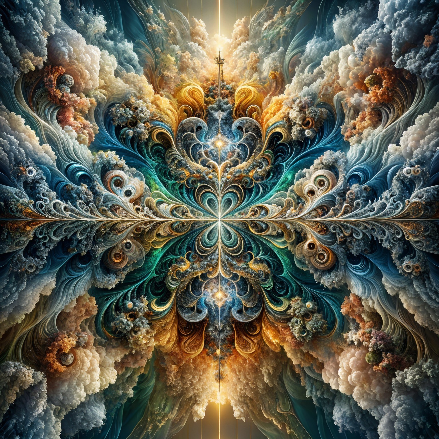 Abstract Design with Swirls in Teal, Gold, and Orange