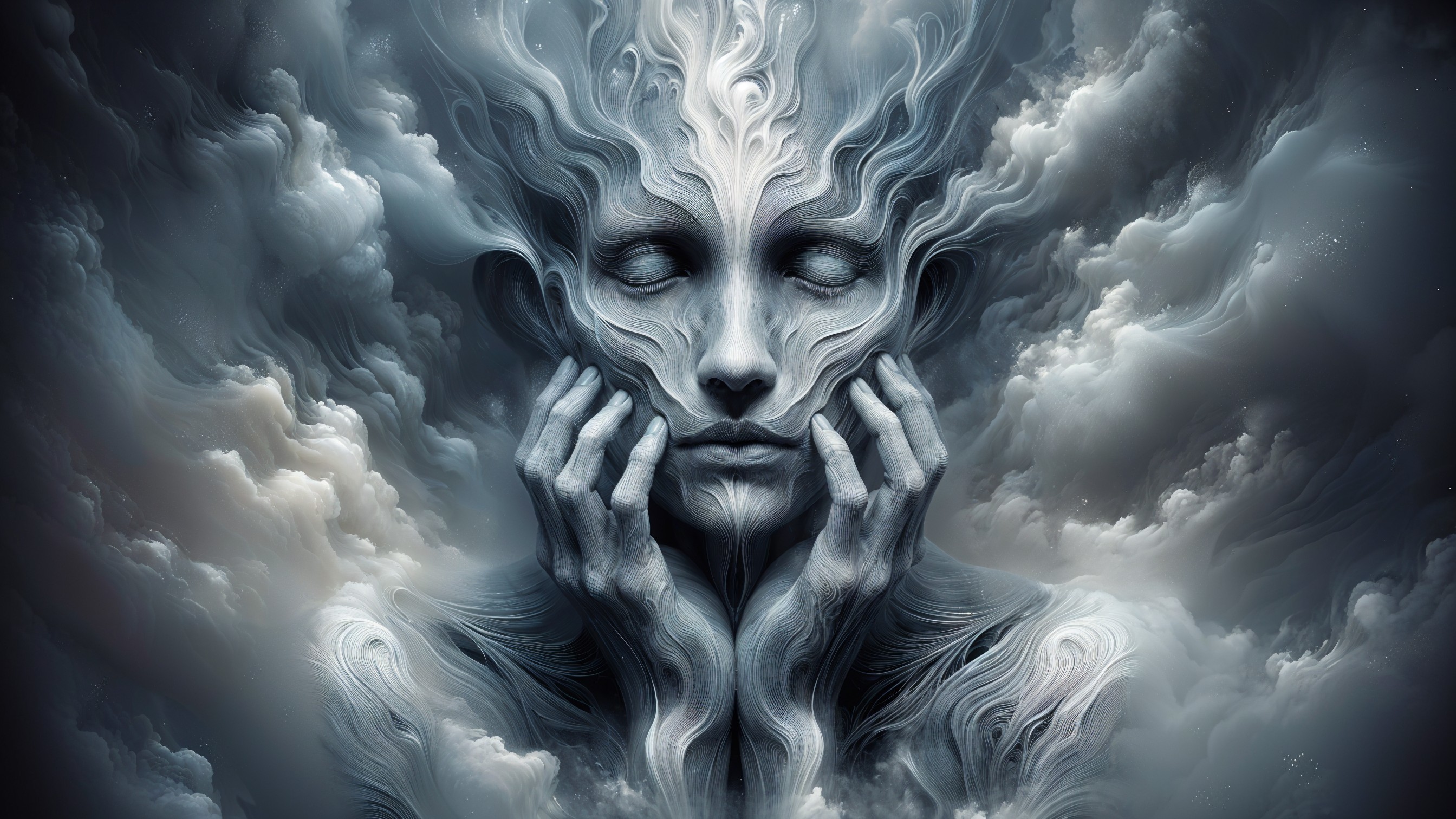 Surreal Figure Merging with Smoky Clouds and Patterns