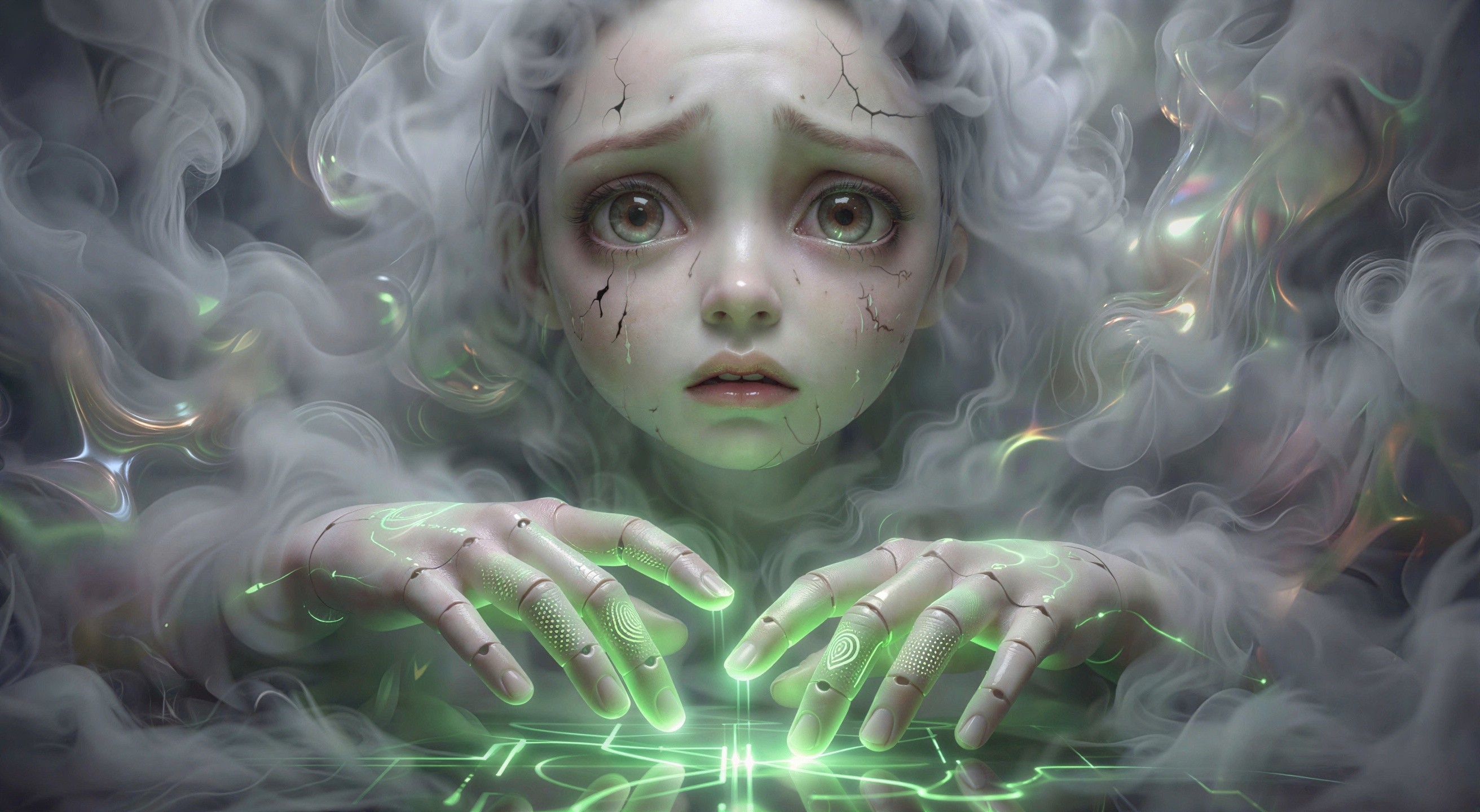 Close-up of a humanoid child doll with cracked porcelain face