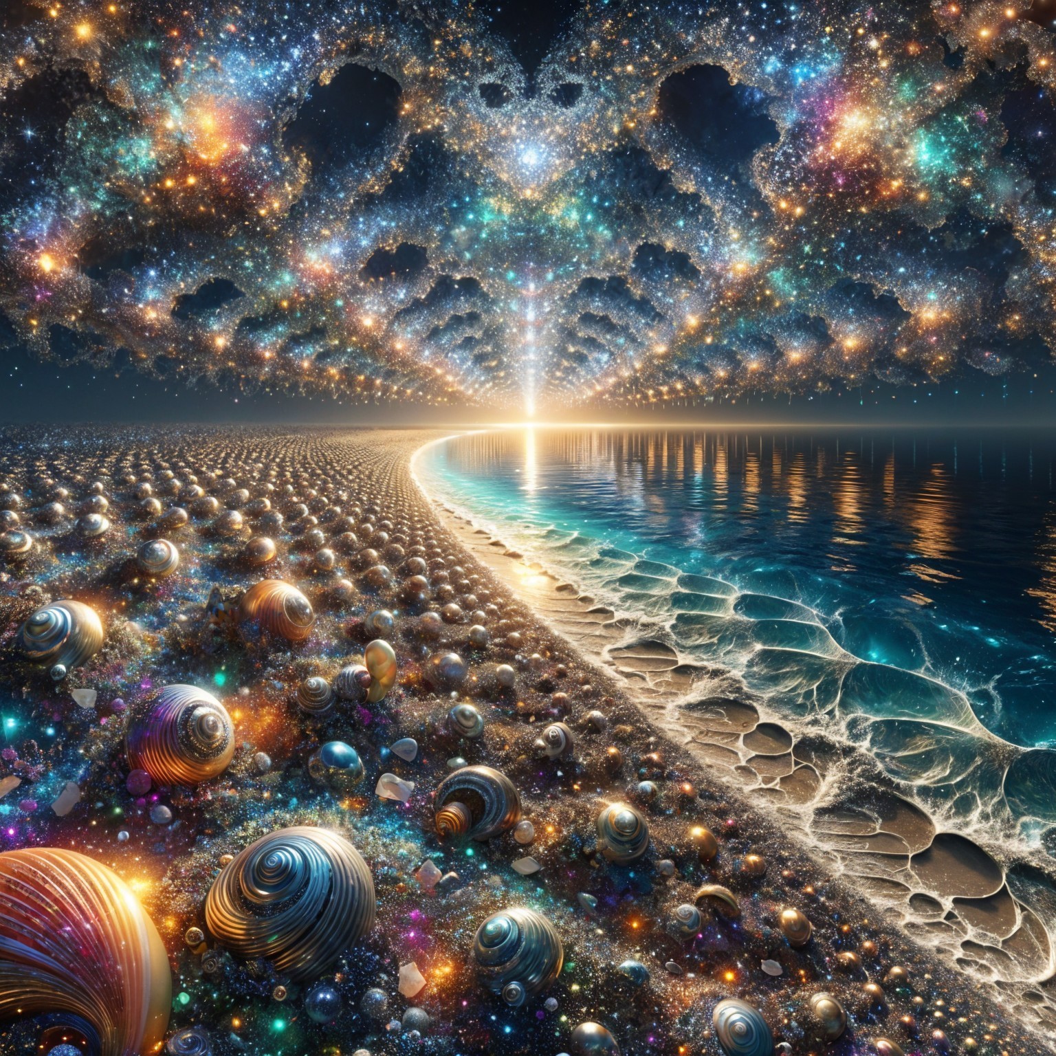 Cosmic Landscape with Ocean Waves and Starry Sky