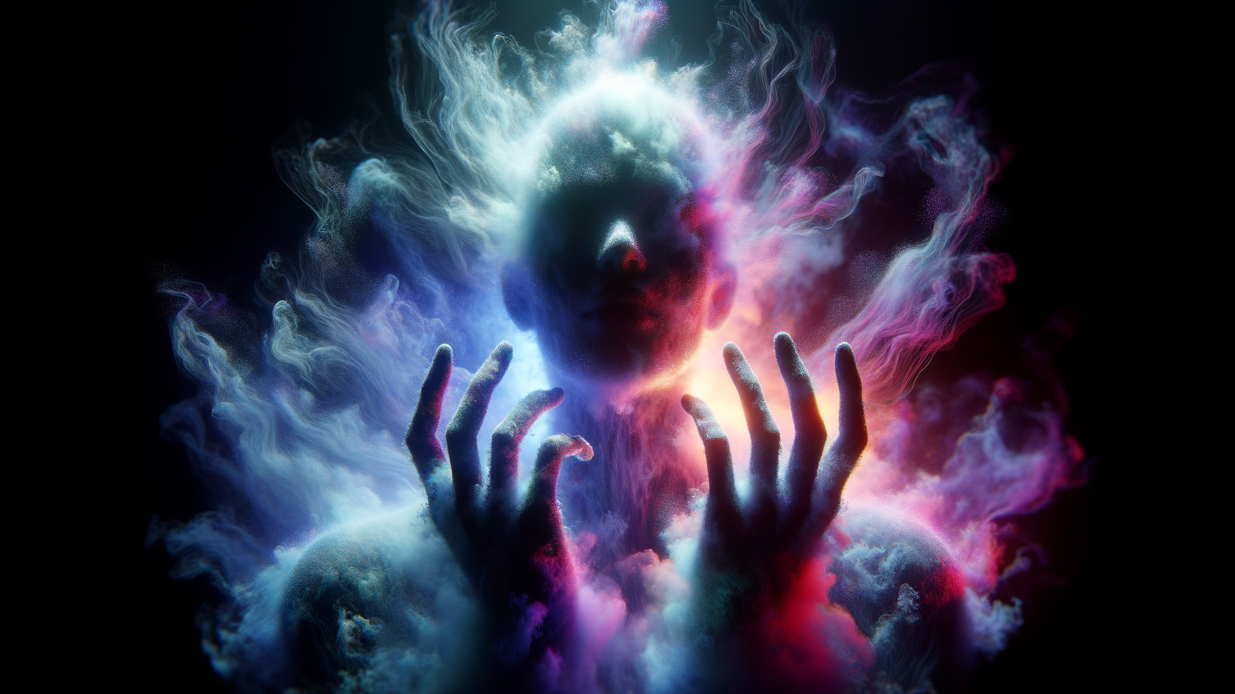 Surreal Figure in Colorful Swirling Clouds of Smoke