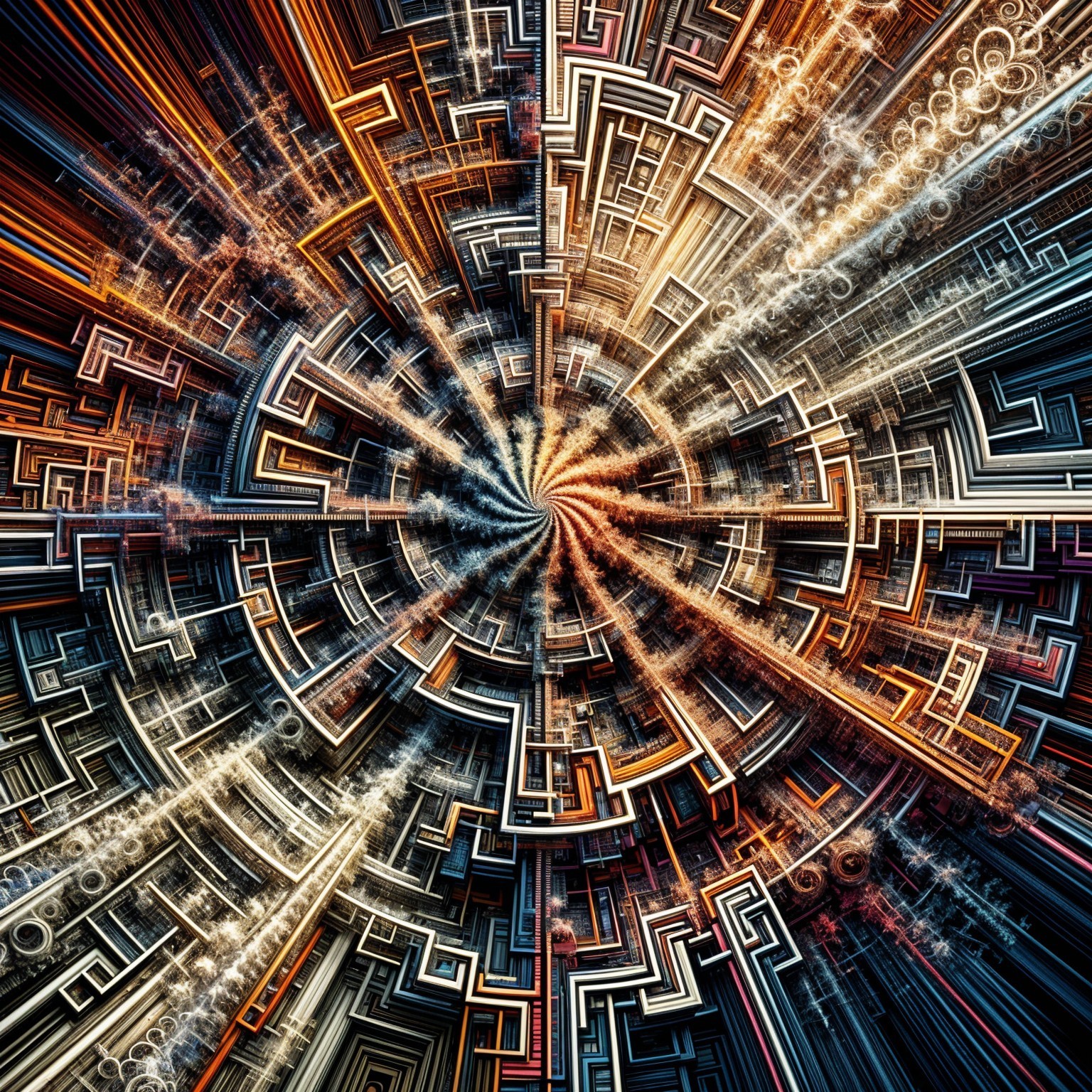 Intricate Geometric Vortex with Bold Colors and Depth