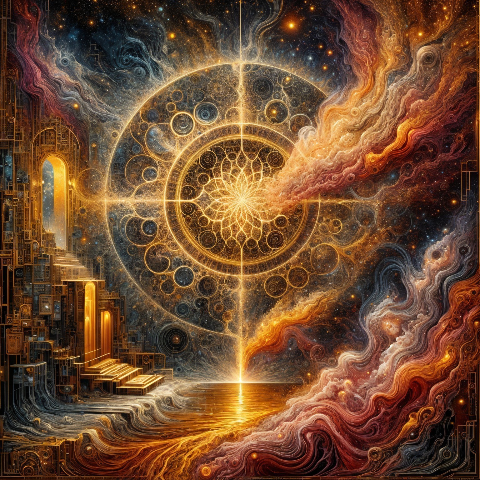 Vibrant Cosmic Scene with Golden Mandala and Architecture
