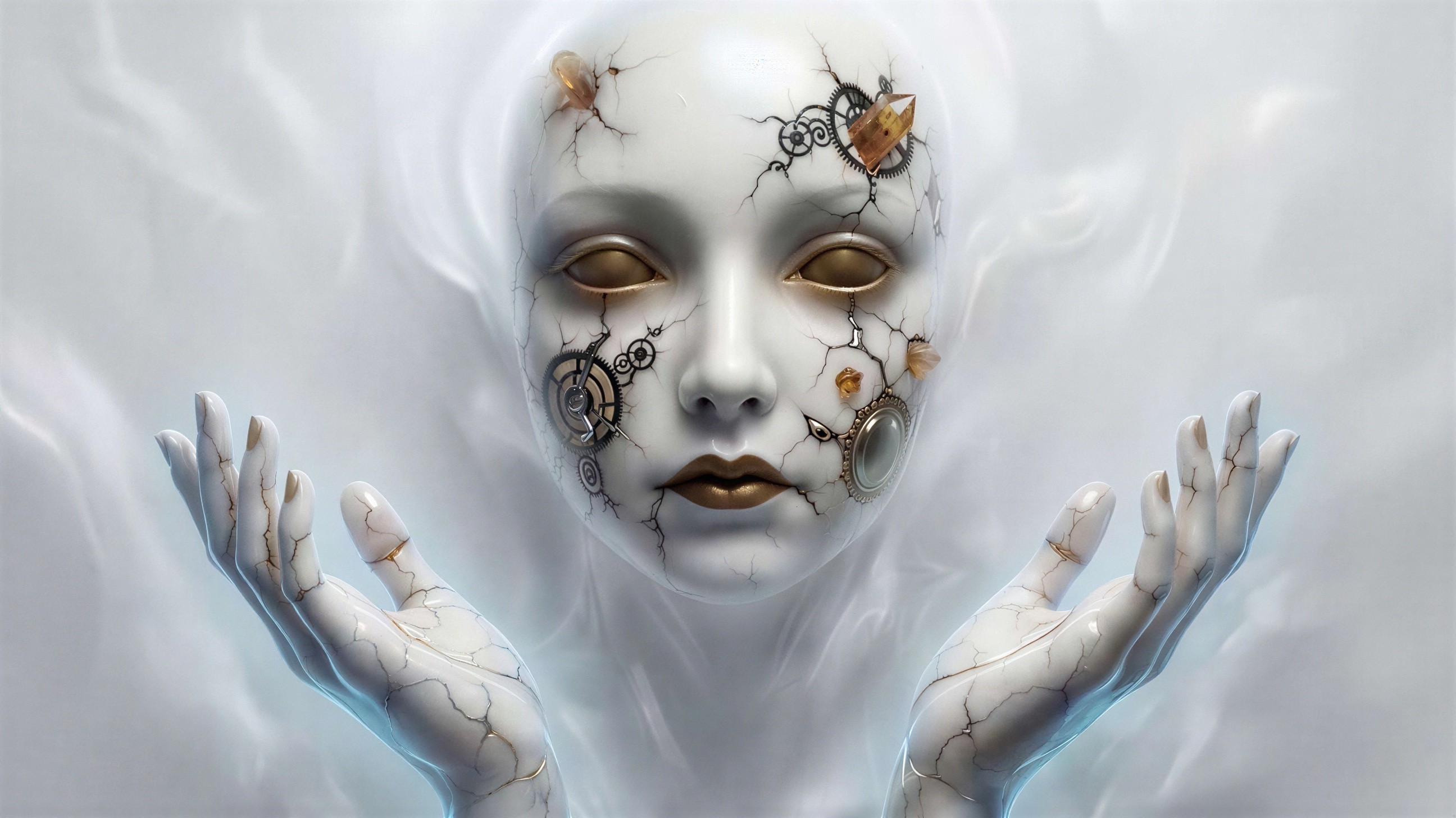 Detailed Digital Painting of a Porcelain Doll with Gears