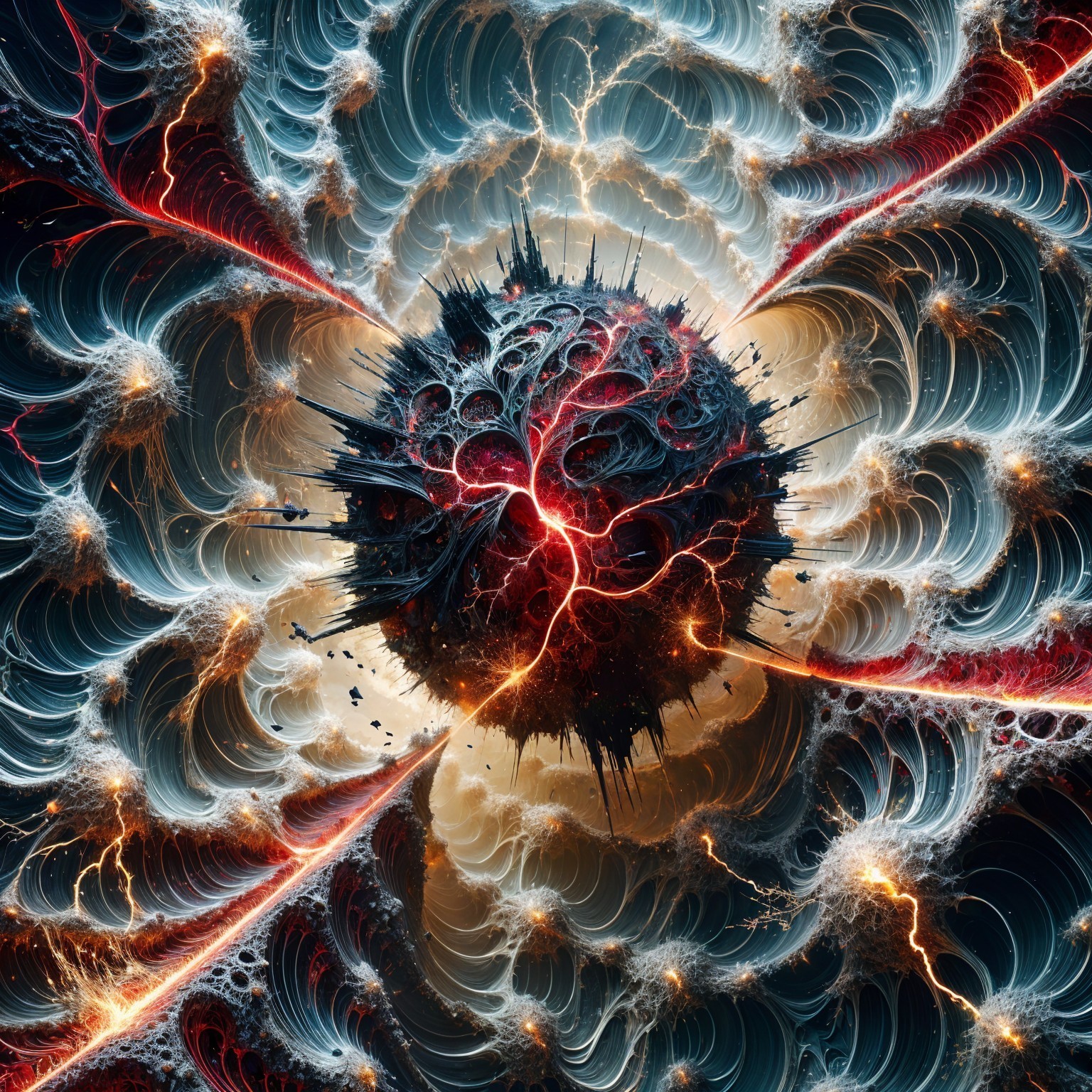 Vibrant Cosmic Scene with Textured Dark Sphere