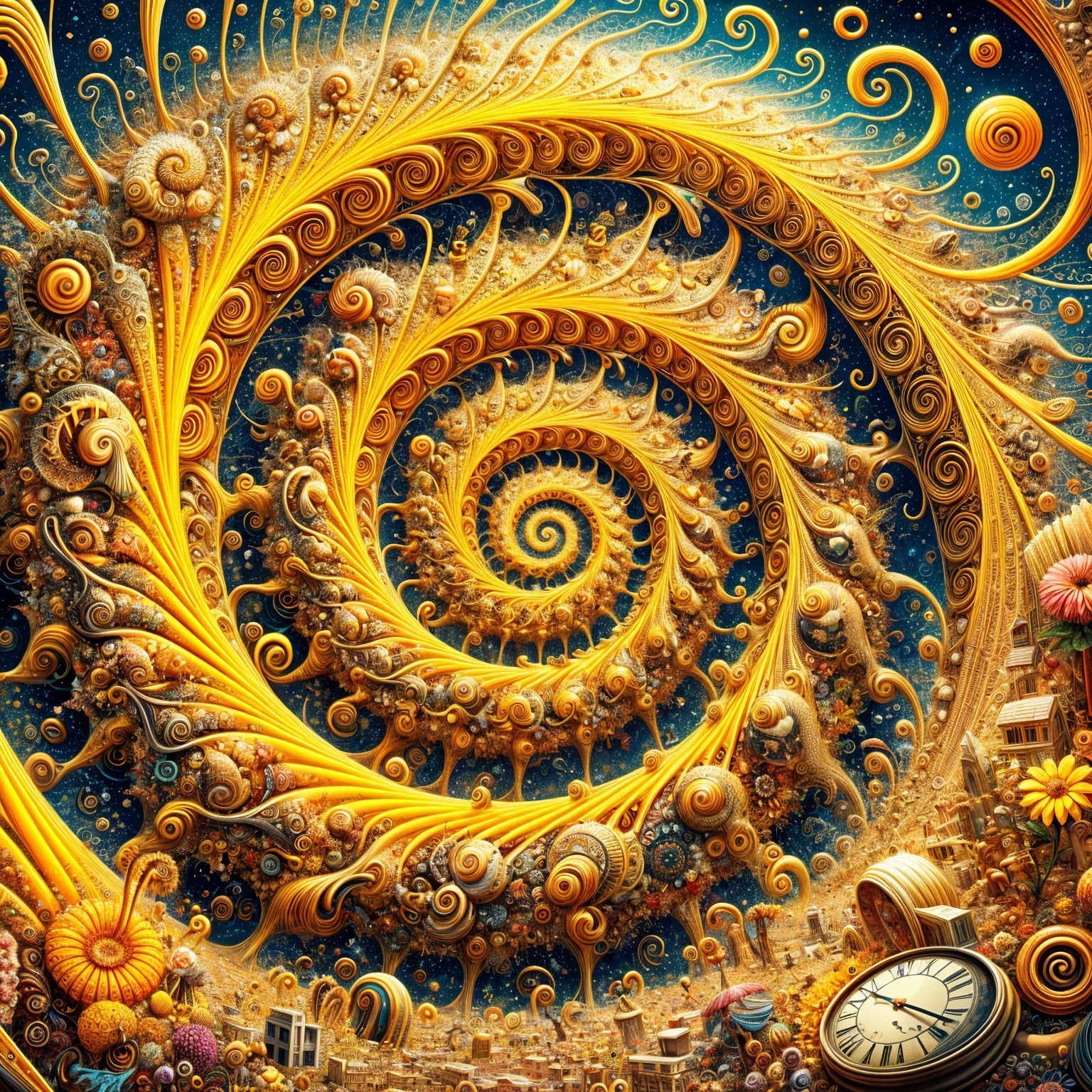 Intricate Spiral Pattern with Surreal Landscapes