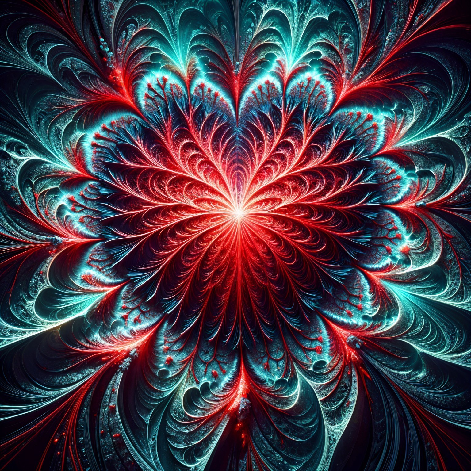 Vibrant Heart-Shaped Fractal Design in Red and Teal