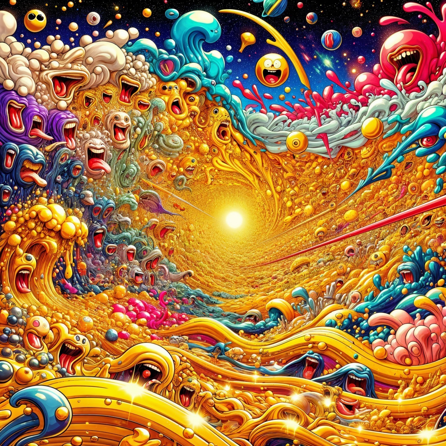 Surreal Vortex of Colors and Cartoonish Faces
