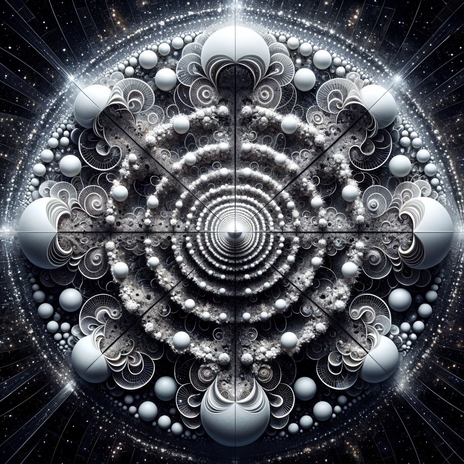 Intricate Black-and-White Fractal Design with Swirls
