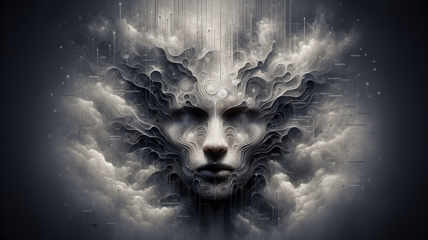 Ethereal face amidst swirling clouds and abstract patterns