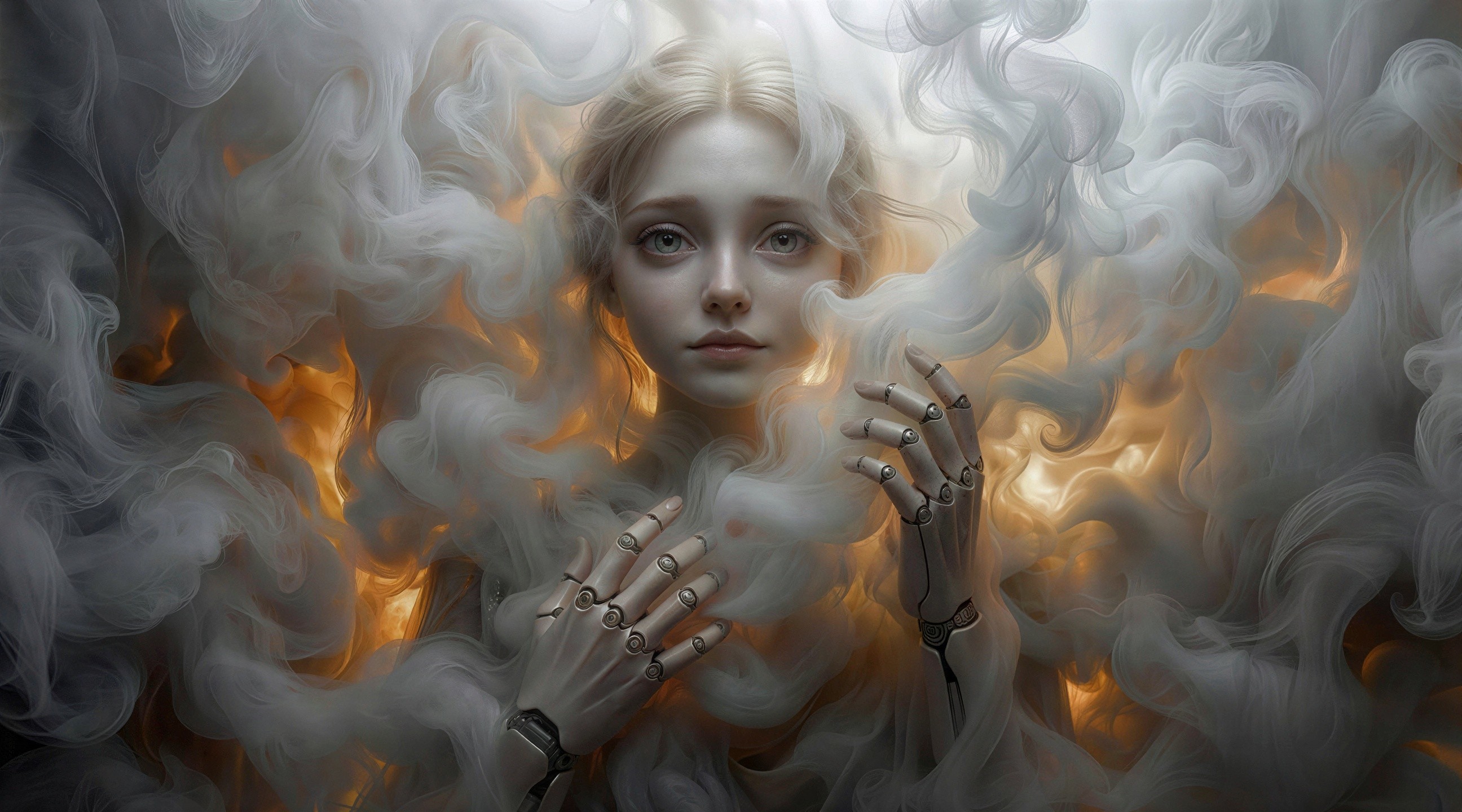 Female Android Surrounded by Ethereal Smoke and Light