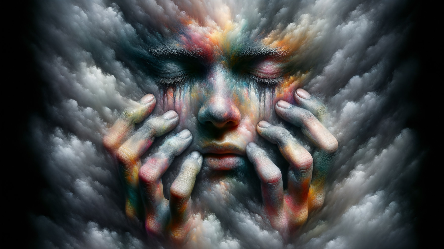 Surreal Face in Colorful Clouds with Emotional Depth