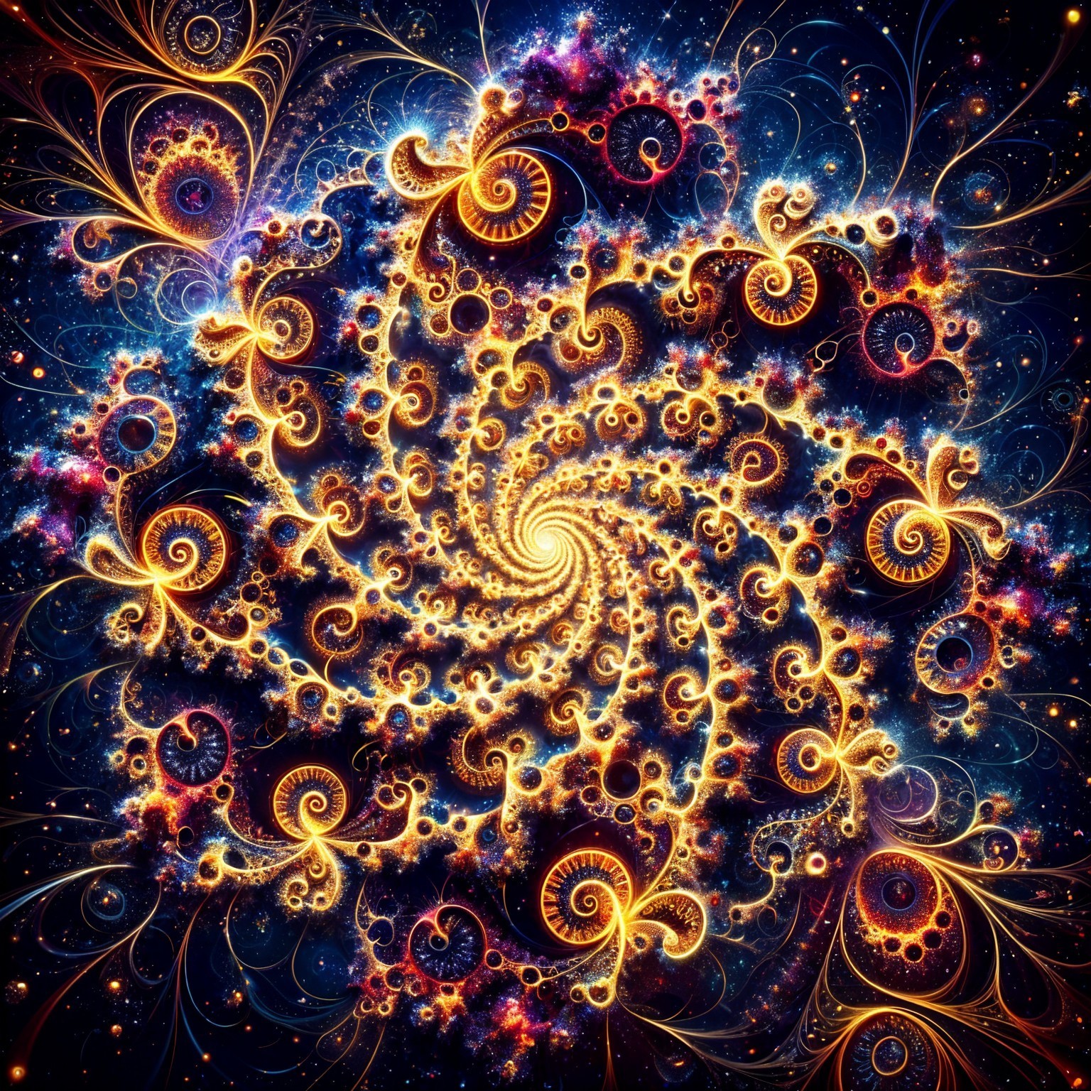Vibrant Fractal with Golden Spirals in Starry Space