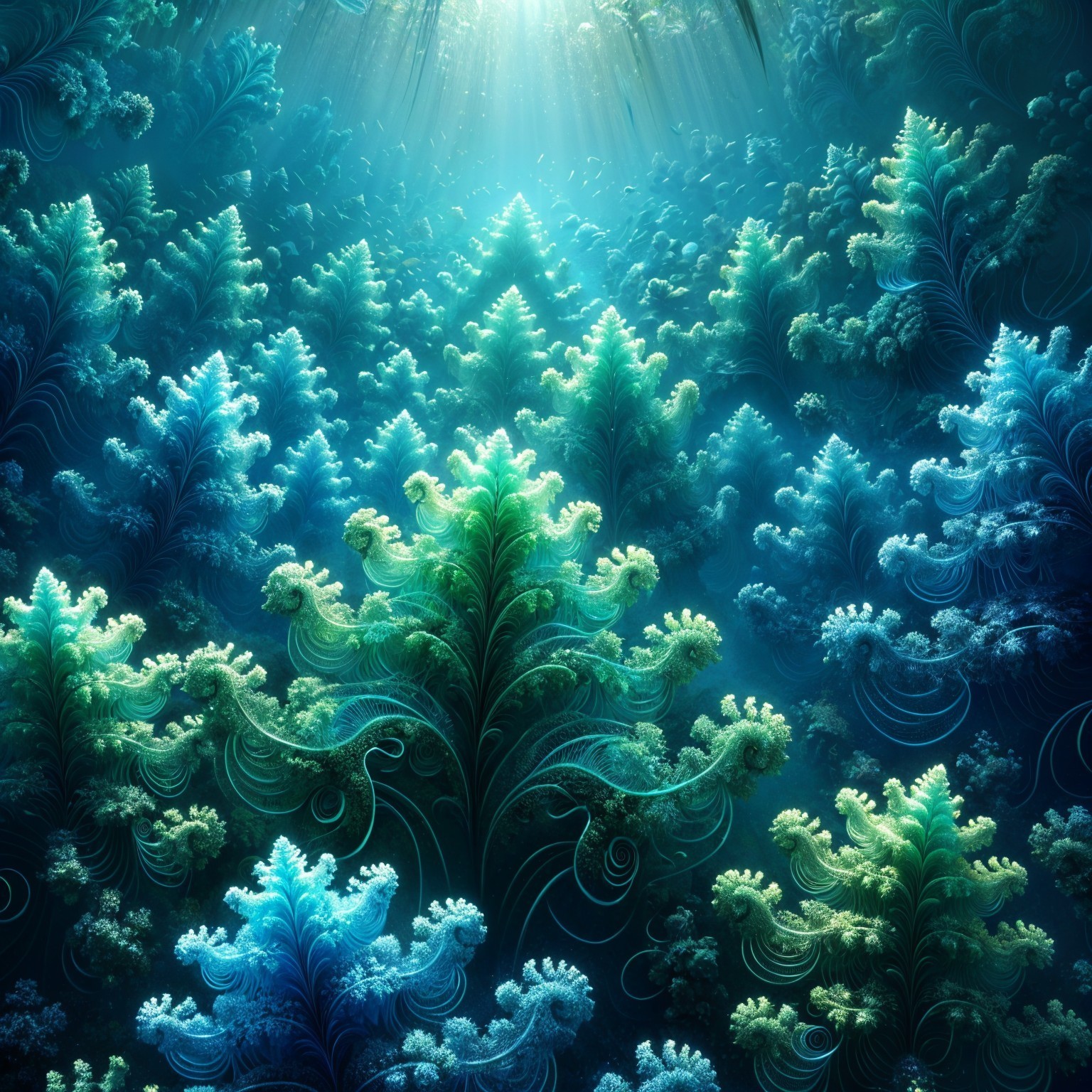 Underwater Scene with Fractal Patterns and Light Beams