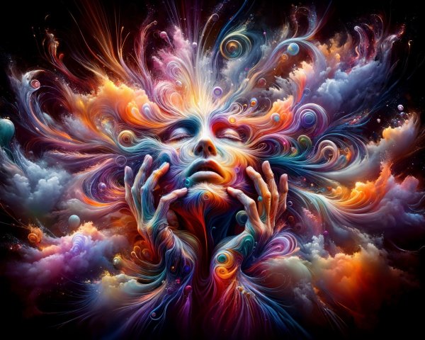 Surreal Face Surrounded by Colorful Energy Clouds