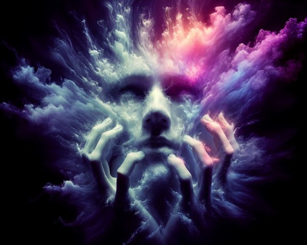 Surreal face in vibrant swirling clouds of color