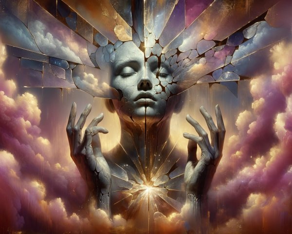 Surreal Figure Amid Ethereal Clouds and Cosmic Landscape