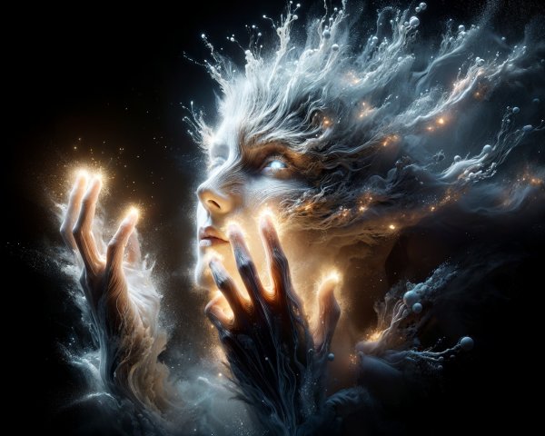 Ethereal figure in luminous smoke with glowing features