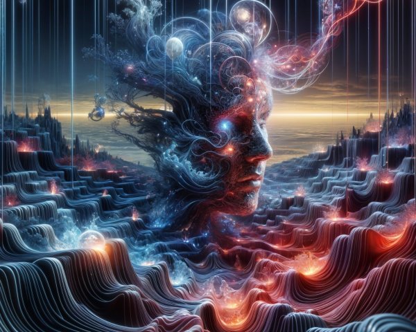 Surreal Landscape with Luminous Face and Waves