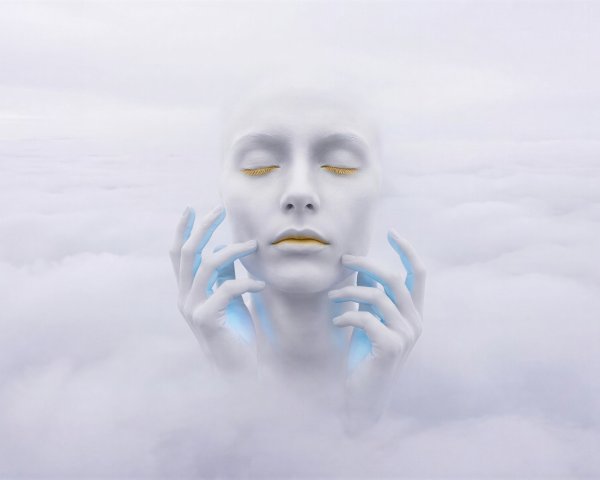 Androgynous Figure Emerges from Ethereal Clouds