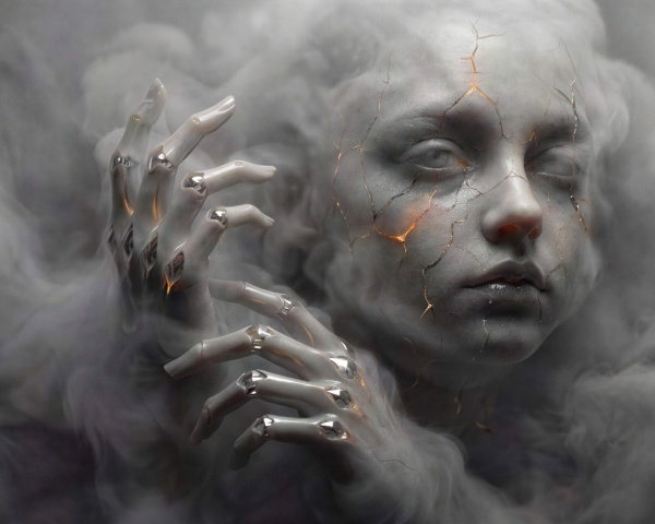 Ghostly Figure with Porcelain Face and Metal Hands