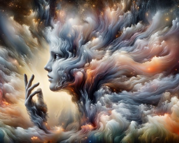 Ethereal Figure in Vibrant Cosmic Cloudscape
