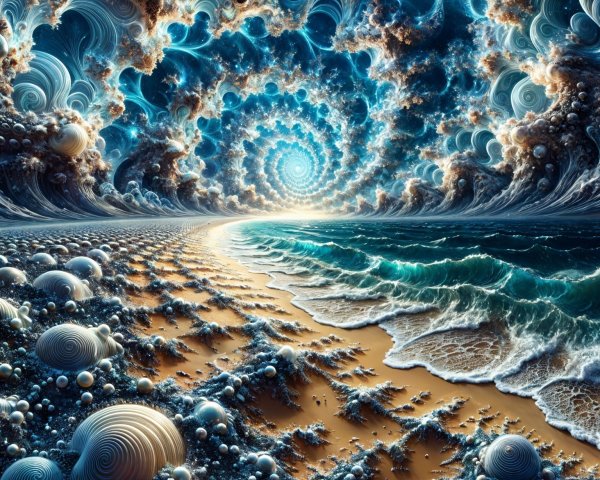 Surreal Seascape with Fractals and Vibrant Sky