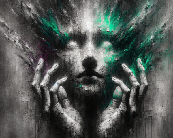 Serene Face with Fragmented Forms and Ethereal Colors