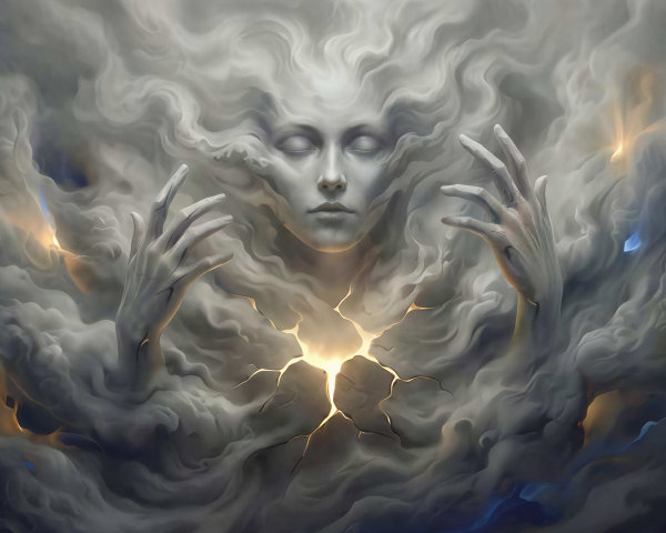 Ethereal Figure Emerging from Swirling Clouds in Art