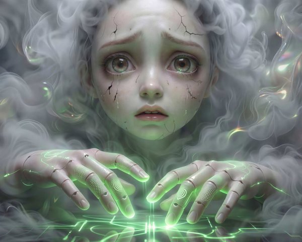 Close-up of a humanoid child doll with cracked porcelain face