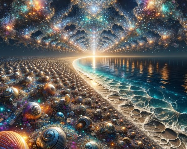 Cosmic Landscape with Ocean Waves and Starry Sky