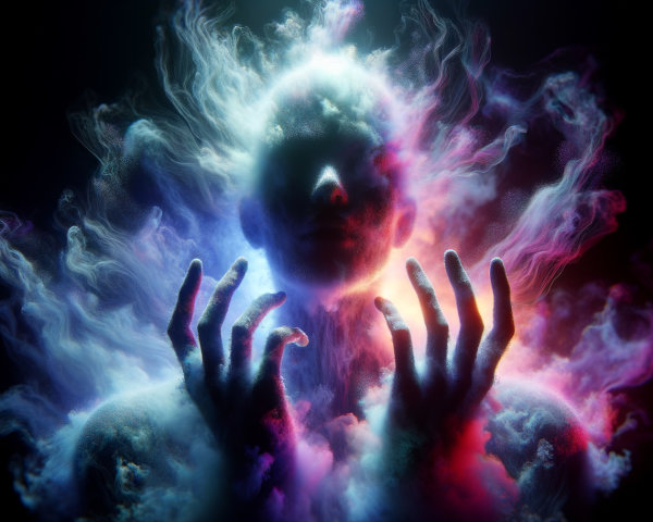Surreal Figure in Colorful Swirling Clouds of Smoke