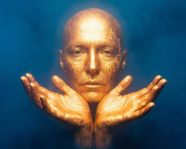 Golden Face Sculpture with Hands and Ancient Markings