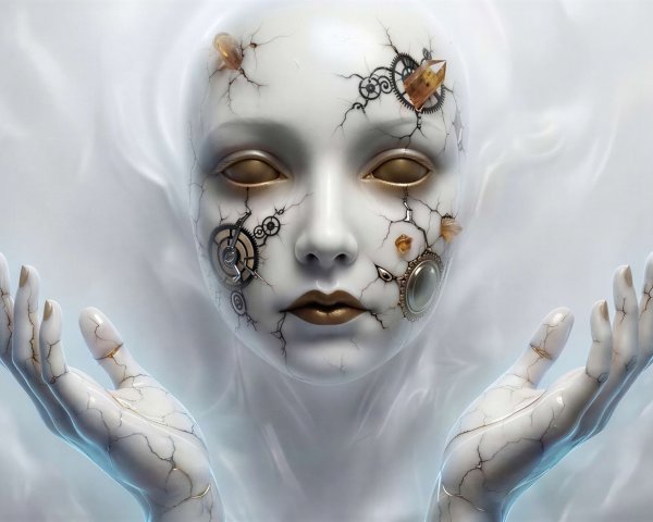 Detailed Digital Painting of a Porcelain Doll with Gears