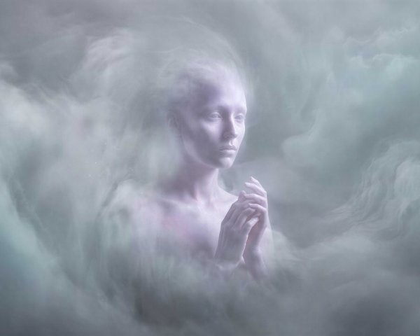 Woman with pale skin in light blue fog and halo