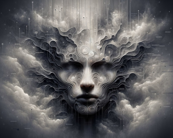 Ethereal face amidst swirling clouds and abstract patterns