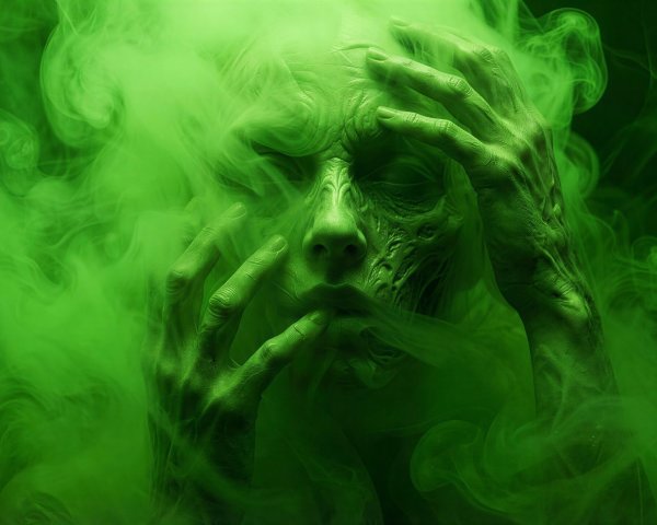 Close-Up of a Scary Humanoid Figure in Green Smoke
