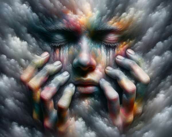Surreal Face in Colorful Clouds with Emotional Depth