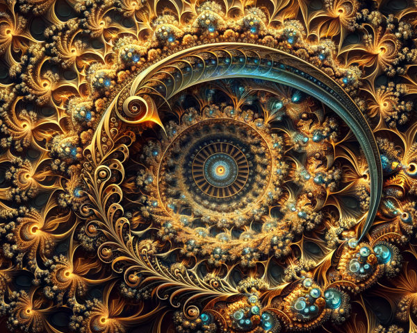 Intricate Fractal Design with Swirling Patterns and Gold