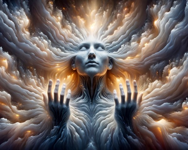 Ethereal figure with flowing hair in soothing colors