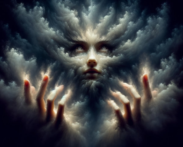 Surreal Ethereal Figure in Swirling Clouds