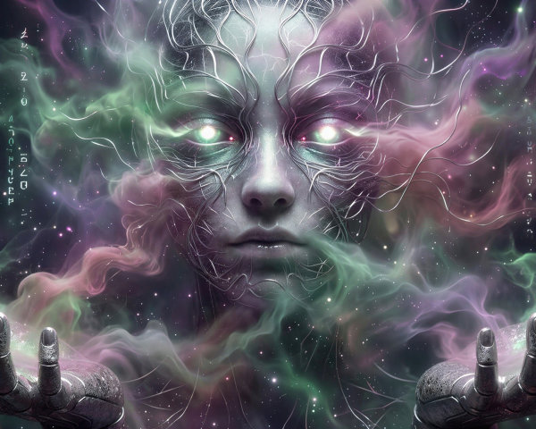 Cosmic Being with Nebula Face and Robotic Hands