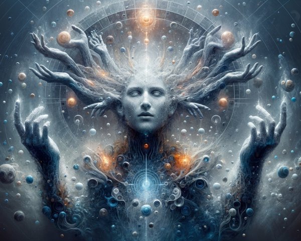 Surreal Cosmic Figure with Elongated Arms and Light