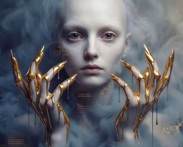 Bald Woman with Gold Hands Against Smoky Background