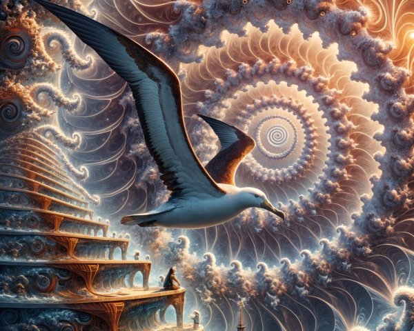 Surreal Landscape with Spiral Patterns and Majestic Bird